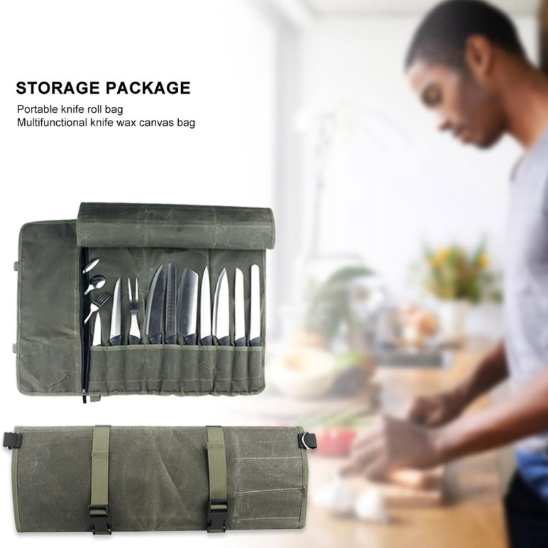Portable Kitchen Cooking Chef Knife Bag Roll Bag Carry Case Bag Kitchen Cooking Tool Durable Storage 10 Pockets Green Co