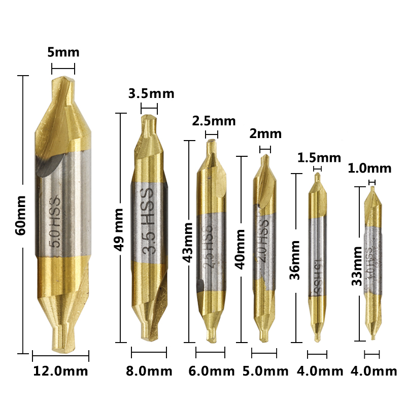 XCAN 6pcs 1.0-5.0mm HSS TiN Coated Center Drill Bit Set Metalworking Hole Drill Hole Cutter 60 Degrees Combined Drill Bit Set