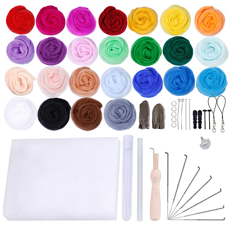 25 Colors Fiber Material with DIY Felting Craft Tool Weaving Needlework Spinning Craft Kits Wool Felt Roving Wool Felting Tool