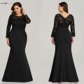 Plus Size Burgundy Mermaid Dresses Ever Pretty O-Neck Lace Long Sleeve Muslim Formal Dresses EZ07668 Elegant Red Party Gowns