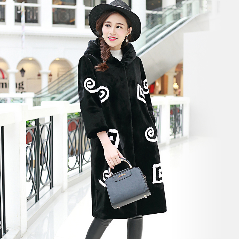 Nerazzurri Black and white color block womens faux fur coat with hood 2019 winter Long warm furry fake rex rabbit fur overcoat