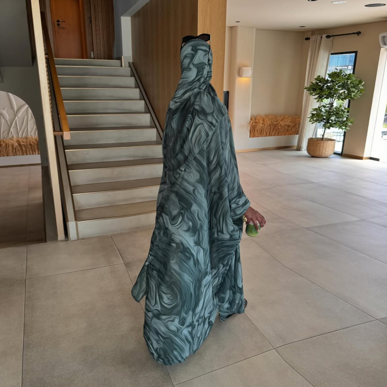 Printed Chiffon Open Abaya with Matching Headscarf Detail