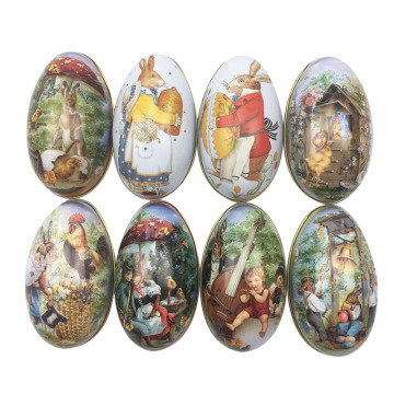 4 Pieces Easter Tin Box Eggs Shaped Candy Tinplate Case Bunny Chick Printing Party Foldable storage