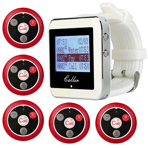 Wireless Pager Restaurant Service Calling System with 5pcs Call Transmitter Button +1pcs Watch Receiver