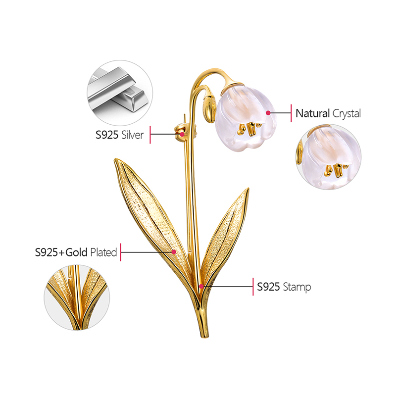 Lotus Fun Real 925 Sterling Silver Handmade Fine Jewelry Natural Crystal Lily of the Valley Flower Brooches for Women Bijoux