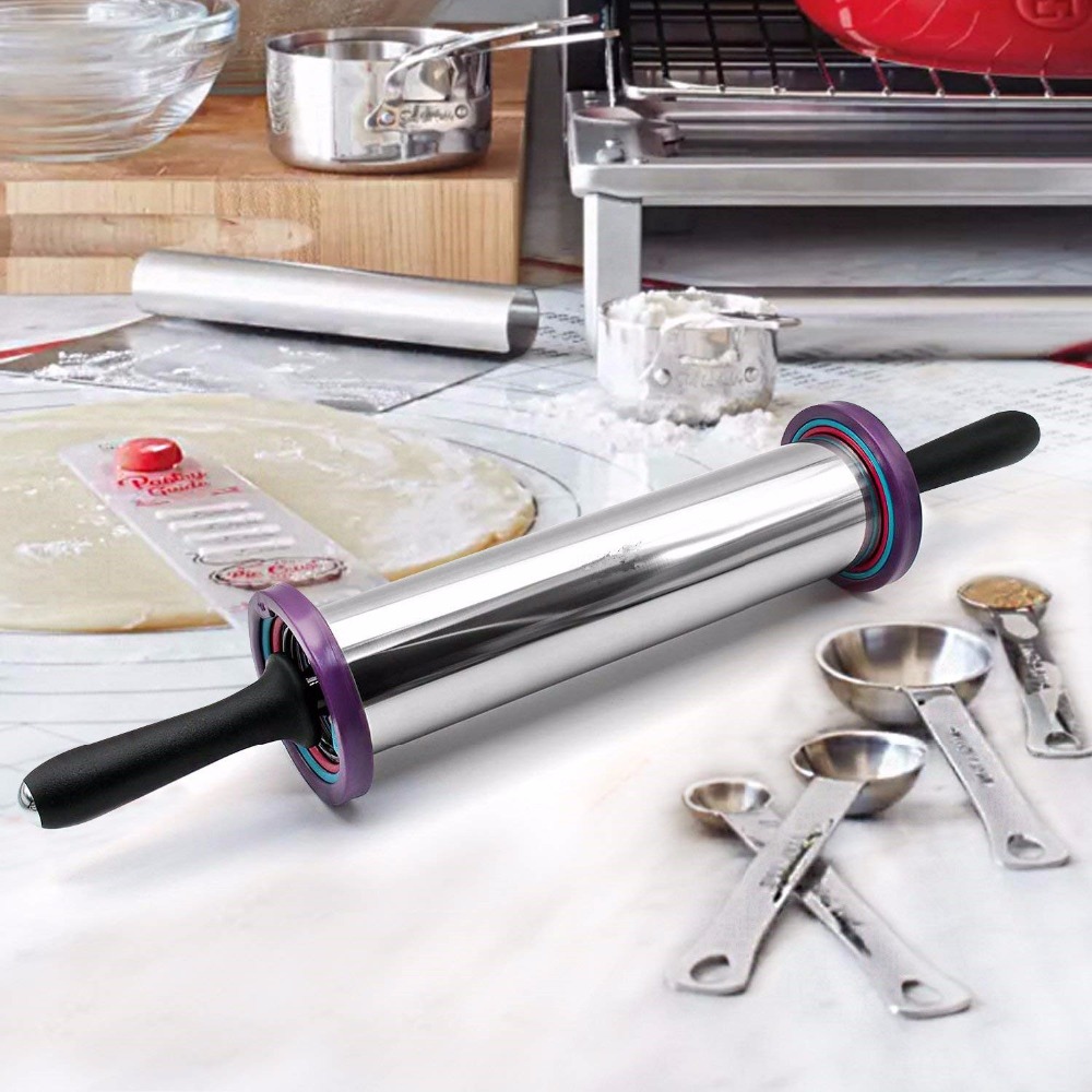 Realand Sturdy Stainless Steel Rolling Pin Non Stick Dough Roller with Adjustable Thickness Rings for Pizza Pastry Baking