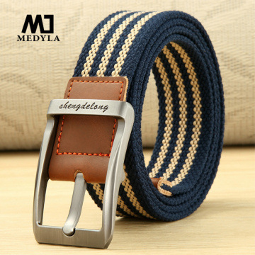 MEDYLA fashion striped men's belt high-quality encrypted canvas hard metal steel buckle belt for men leather closure sports belt