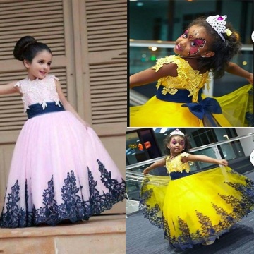 White/Yellow Flower Girls' Dresses With Royal Blue Lace Bridal Party Princess Style Ball Gowns For Weddings Kids