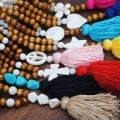 Vintage natural round wooden bead long sweater Chain Necklace Handmade Cross Star Bohemian tassel pendant women's jewelry