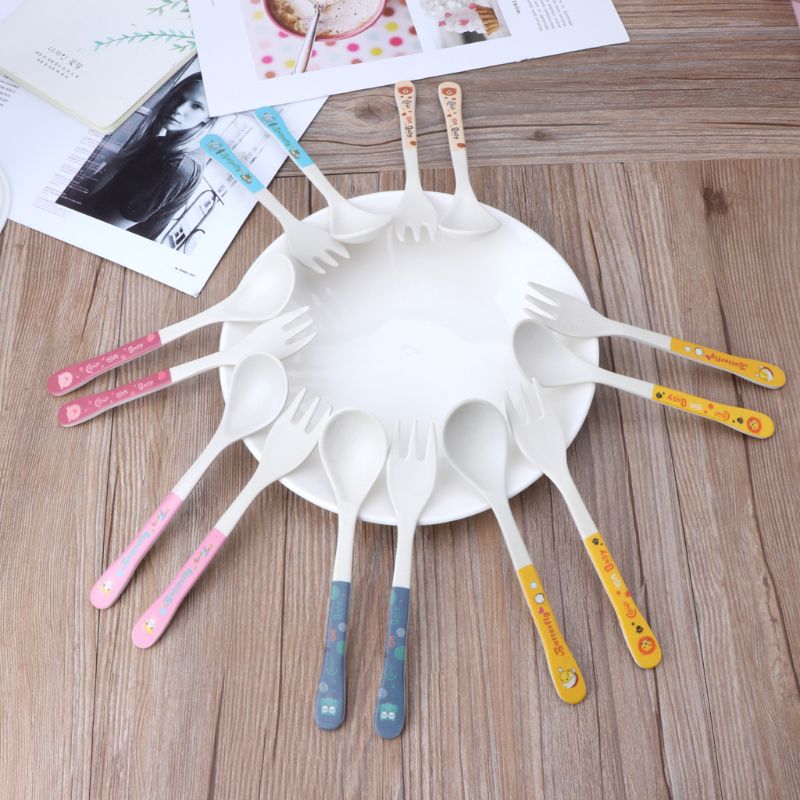 2pcs/Set Bamboo Fiber Environmental Protection Creative Cute Spoon Fork Children Gift Tableware Baby Spoon Fork Hot