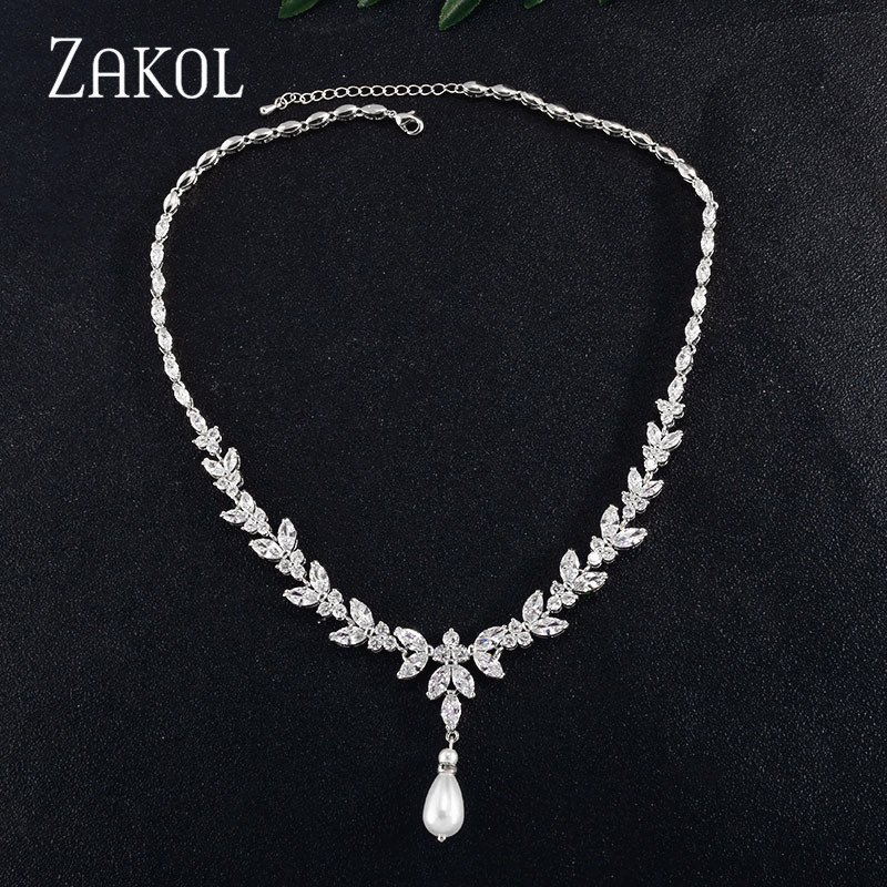 ZAKOL Luxury Exquisite Marquise Cut Cubic Zircon Leaf Adjustable Chain Necklaces For Women Fashion Bridal Wedding Party Jewelry