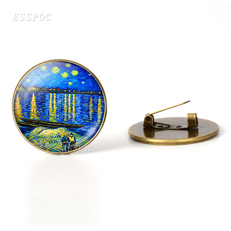 Van Gogh Famous Painting Brooch Sunflower Starry Night Picture Glass Cabochon Brooches Pins Vintage Bronze Copper Brooch Badge