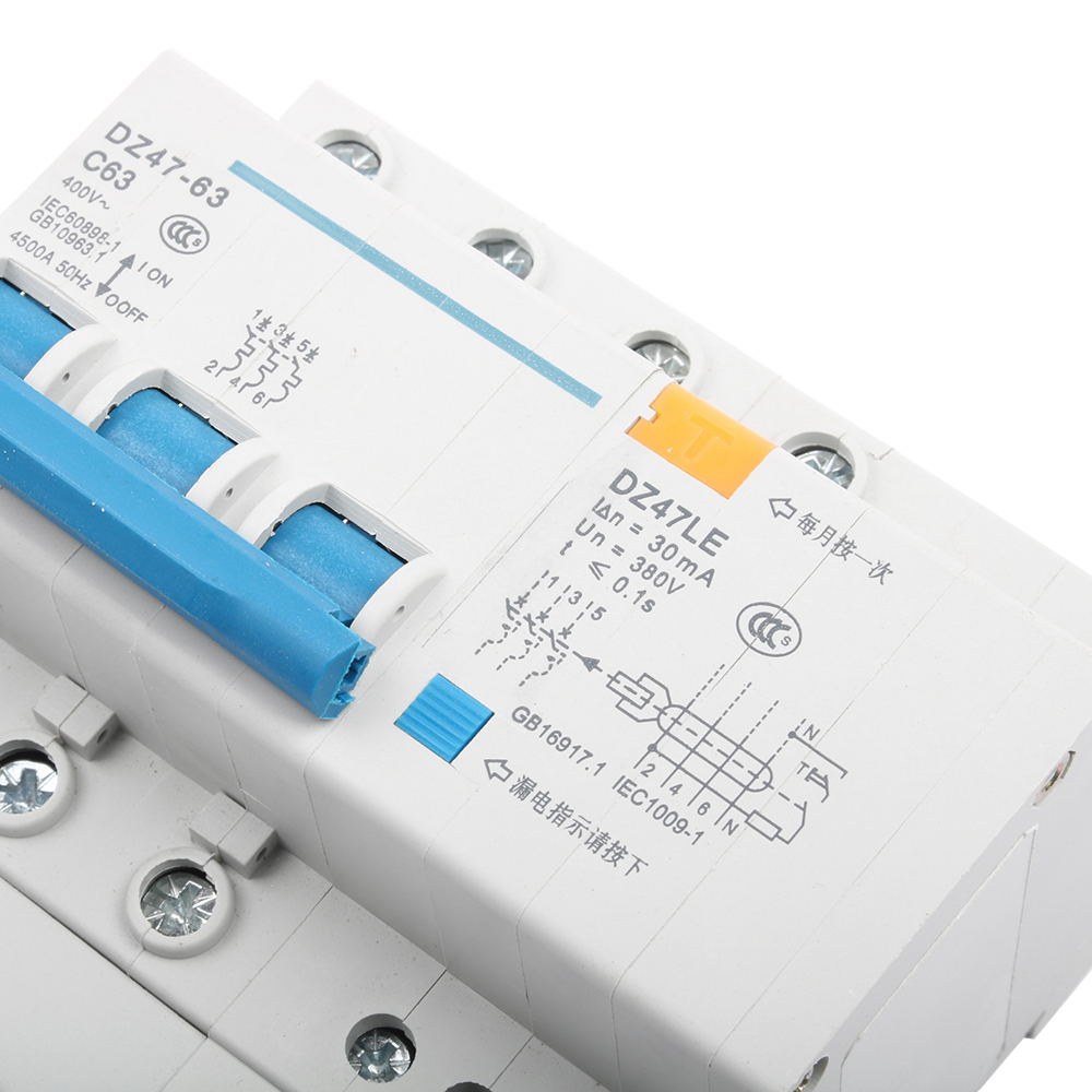 DZ47LE-63 3P+N 10A 16A 20A 32A 400V~ 40A 50A 63A 50/60HZ Residual Current Circuit Breaker Over Current Leakage Protection RCBO