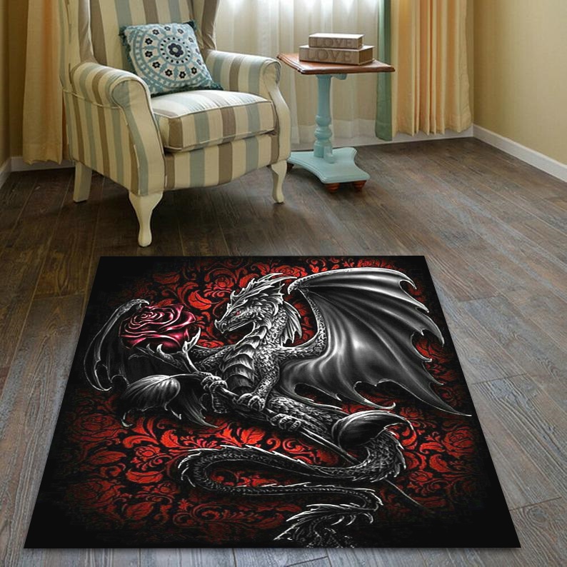 Black Dragon With Rose Soft Rugs Bedroom Living Room , Floor Mat, Non Slip Rugs, Halloween Rugs, Rugs Decor