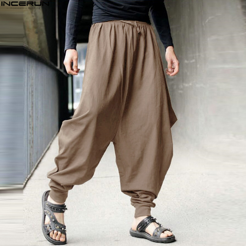 INCERUN Plus Size Cotton Linen Harem Pants Men Baggy Pants Japanese Style Mens Crotch Wide Leg Pants Casual Loose Trousers