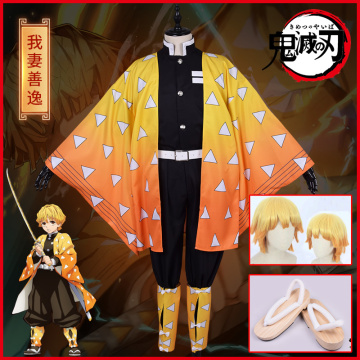 Anime Demon Slayer: Kimetsu no Yaiba Agatsuma Zenitsu Cosplay Costume Wig Clogs Halloween Costume Anime Cosplay Women plus size