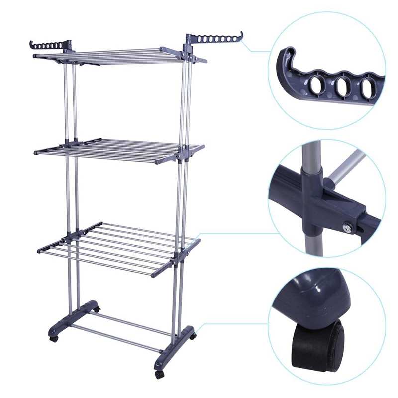 Towel Bar Clothes Airer 3 Tier Laundry Dryer Concertina Indoor Outdoor Patio Towel Horse Towel Hanging with Hooks