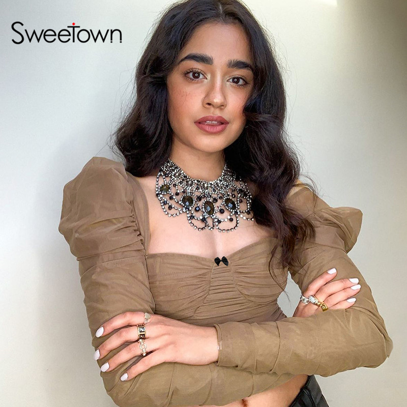 Sweetown Mesh Ruched Slim Sexy Y2K T Shirt Women Khaki French Style Vintage 90s Aesthetic Clothes Square Collar Long Sleeve Tees