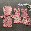 Women Satin Print Sleepwear 4 Pieces Pyjamas Sexy Lace Pajamas Sleep Lounge Pijama Silk Night Home Clothing Pajama Suit