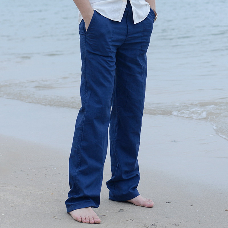 New Top quality Men's Summer Casual Pants Natural Cotton Linen Trousers White Linen Elastic Waist Straight Men's Pant