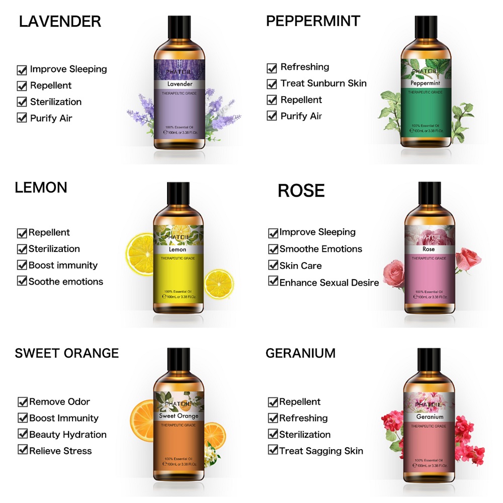 100ML Pure Natural Essential Oils Diffuser for Skin Care Rose Orange Lemon Lavender Rose Geranium Chamomile Clary Sage Aroma Oil