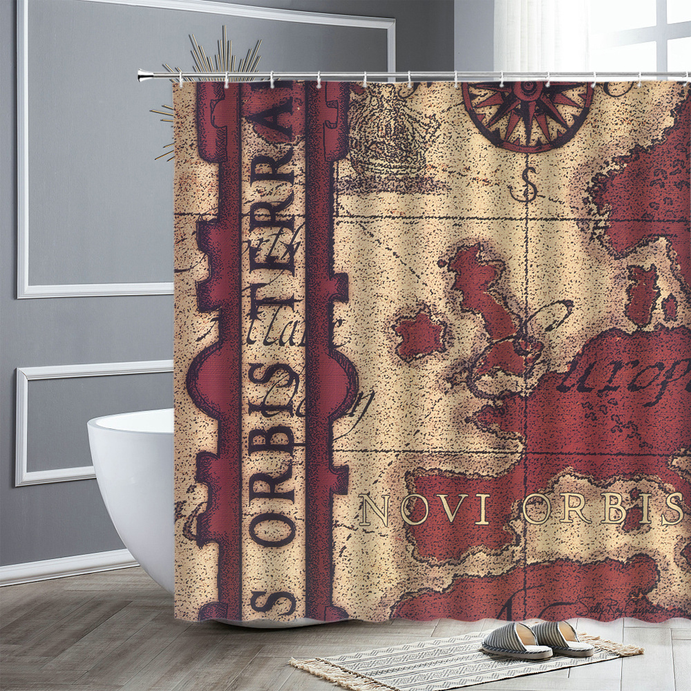 Retro Map Shower Curtain Vintage European Style Home Decoration Creative Waterproof Fabric Bathroom Curtains Hooks Bath Screen