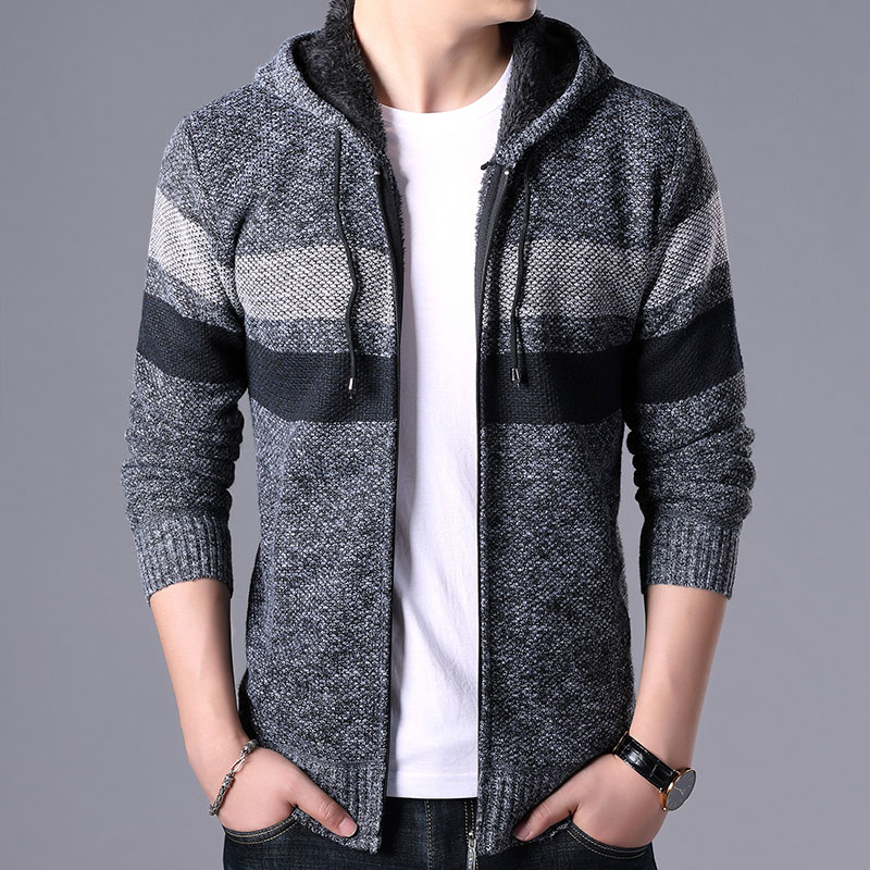 Winter Fleece Cardigan Mens Sweater Men Fashioutn Hooded Striped Knit Owear Coat Sweater Man Hooded Warm Sweatercoat Men 3XL