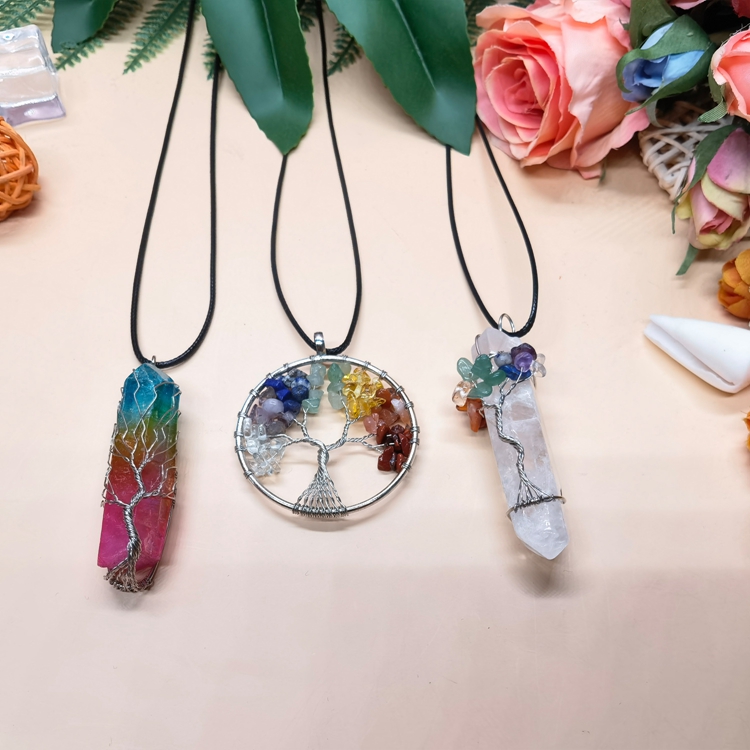 3 pair pendant necklaces tree of life copper wire wound natural quartz aura Healing Crystal Point chakra Jewelry Gift