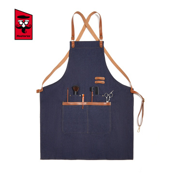 High Quality Leather Shoulder Stripe Denim Apron Restaurant Hotel Kitchen Antifouling Apron Cafe Bakery Barber Shop Apron Unisex