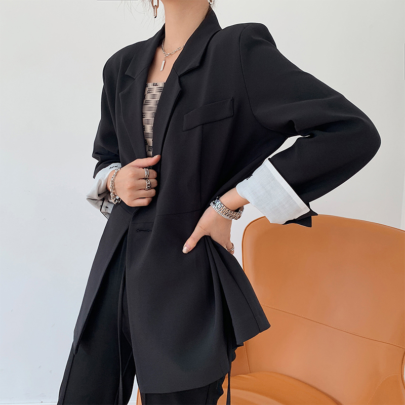 [EAM] Women Irregular Bandage Big Size Blazer New Lapel Long Sleeve Loose Fit Jacket Fashion Tide Spring Autumn 2021 1DB323