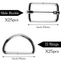 KAOBUY 25 PCS D Shape Rings + 25 PCS Metal Rectangle Adjuster Triglides Slides Buckle For Handbag Keychain Purse