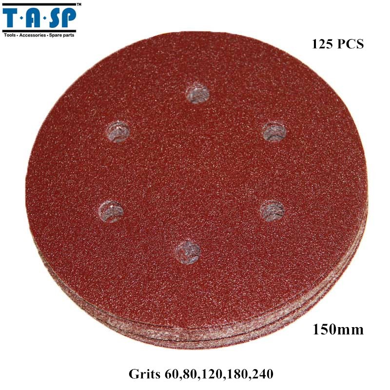 TASP 125pcs 6" 150mm Sandpaper Hook & Loop Sanding Paper Abrasive Disc Grits 60 80 120 180 240