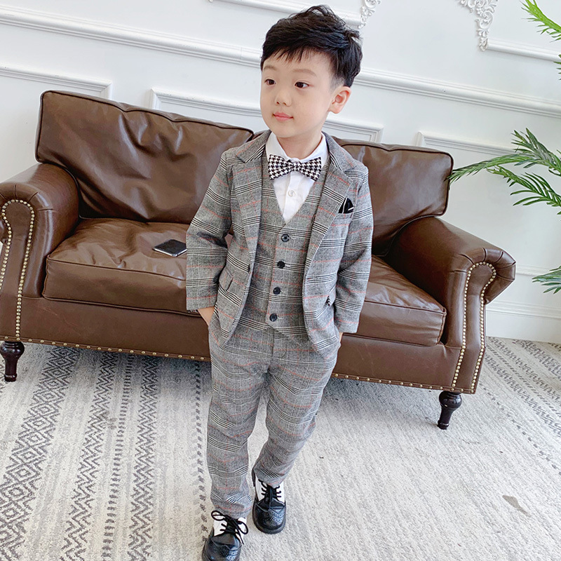Boys Formal Suit Sets Children's Plaid Blazer Vest Pants 3pcs Clothing Sets Kids Wedding Party Performance Costume