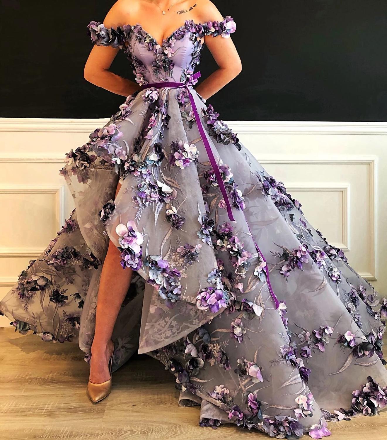 Abendkleider 2019 Purple Flora Lace High Low Prom Dresses Appliques Pretty Long Prom Gowns Off The Shoulder Formal Dresses