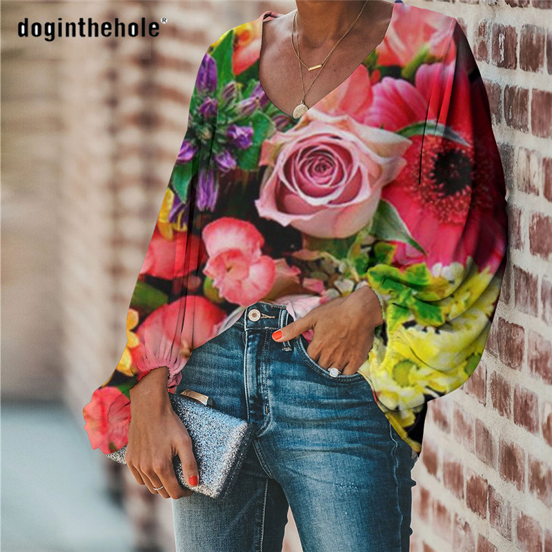 Doginthehole Female Blouse Causal Fall Bright Flower Design Blouse Long Sleeve Chemisier Femma Tops for Woman blusas Elegantes