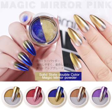 New 1Box Dual Kleuren Effen Magic Mirror Nail Poeder Holografische Laser Nail Glitter 2 Color Titanium Powder Platter TSLM2