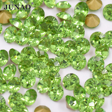 JUNAO SS 6 8 10 12 16 20 30 Light Green Glass Rhinestone Pointback Crystal Applique Round Nail Stickers Non Hotfix Strass Crafts