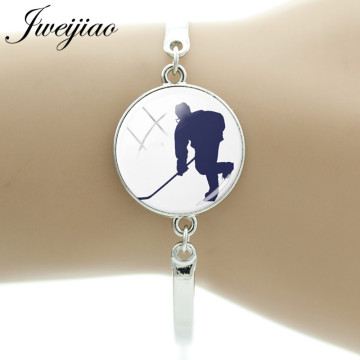 JWEIJIAO Trendy Jewelry Ice Hockey Figure Silhouette Bracelet I Love Hockey Glass Gems Dome Charms Hand Chain HY11