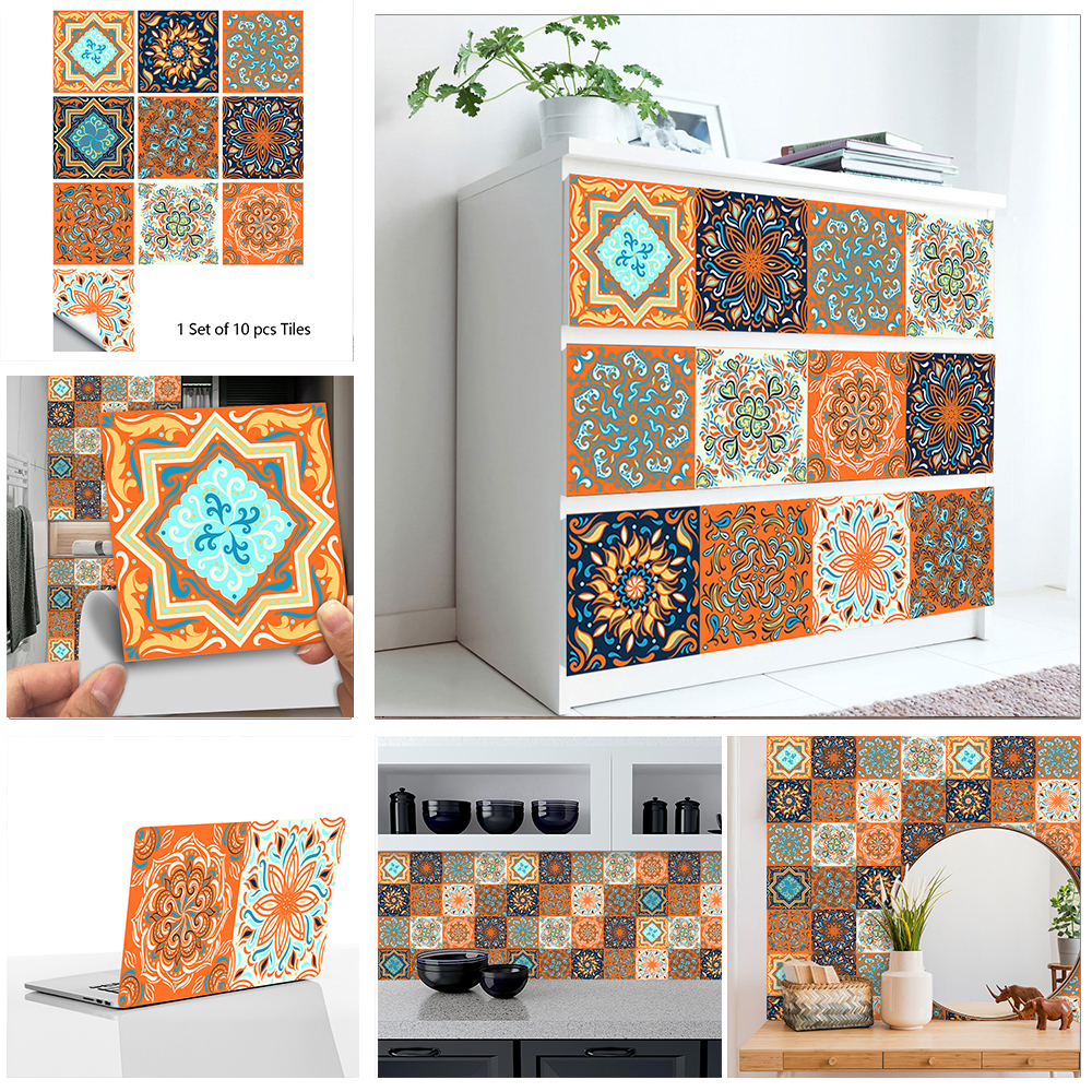 10pcs/set Orange Mandala Pattern Crystal Hard Tiles Wall Sticker Kitchen Wardrobe Home Decor Art Mural Peel & Stick Wallpaper