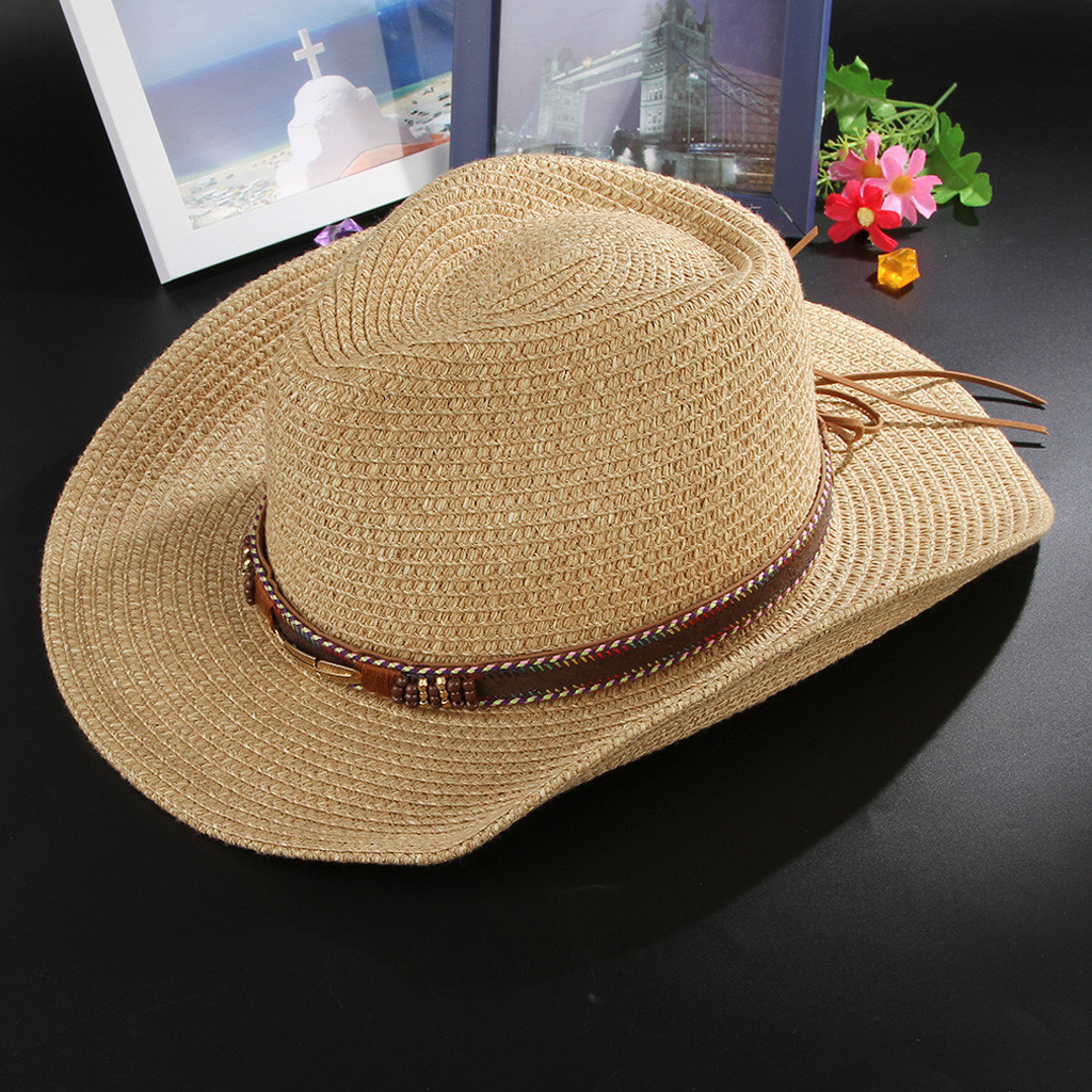 Western Cowboy Hat Sun Hat For Men Cowgirl Summer Hats For Women Lady Straw Hat With Alloy Feather Beads Beach Cap Panama #L5