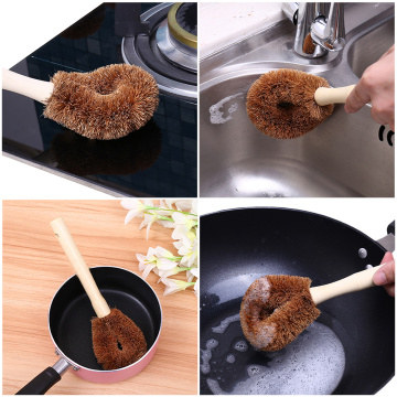 1pcs Natural Coconut Brown Long Handle Pot Brush Non-stick Oil Dishwashing Oil Cleaning Brush Can Be Hanging Brush Kitchen Tool