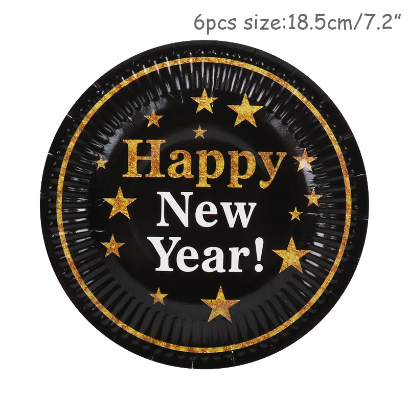 Black Gold Happy New Year Disposable Tableware New Year 2021 Christmas Decoration for home Xmas navidad New Year Eve Supplies