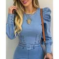 Women Blouse Shirt Solid Color O Neck Sexy Fashion Bubble Sleeve Long-Sleeved Casual Summer Blouses Shirts