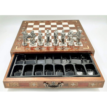 Pegasus Metal Chess Set, Handmade Natural Solid Wood Chess Board With Drawers