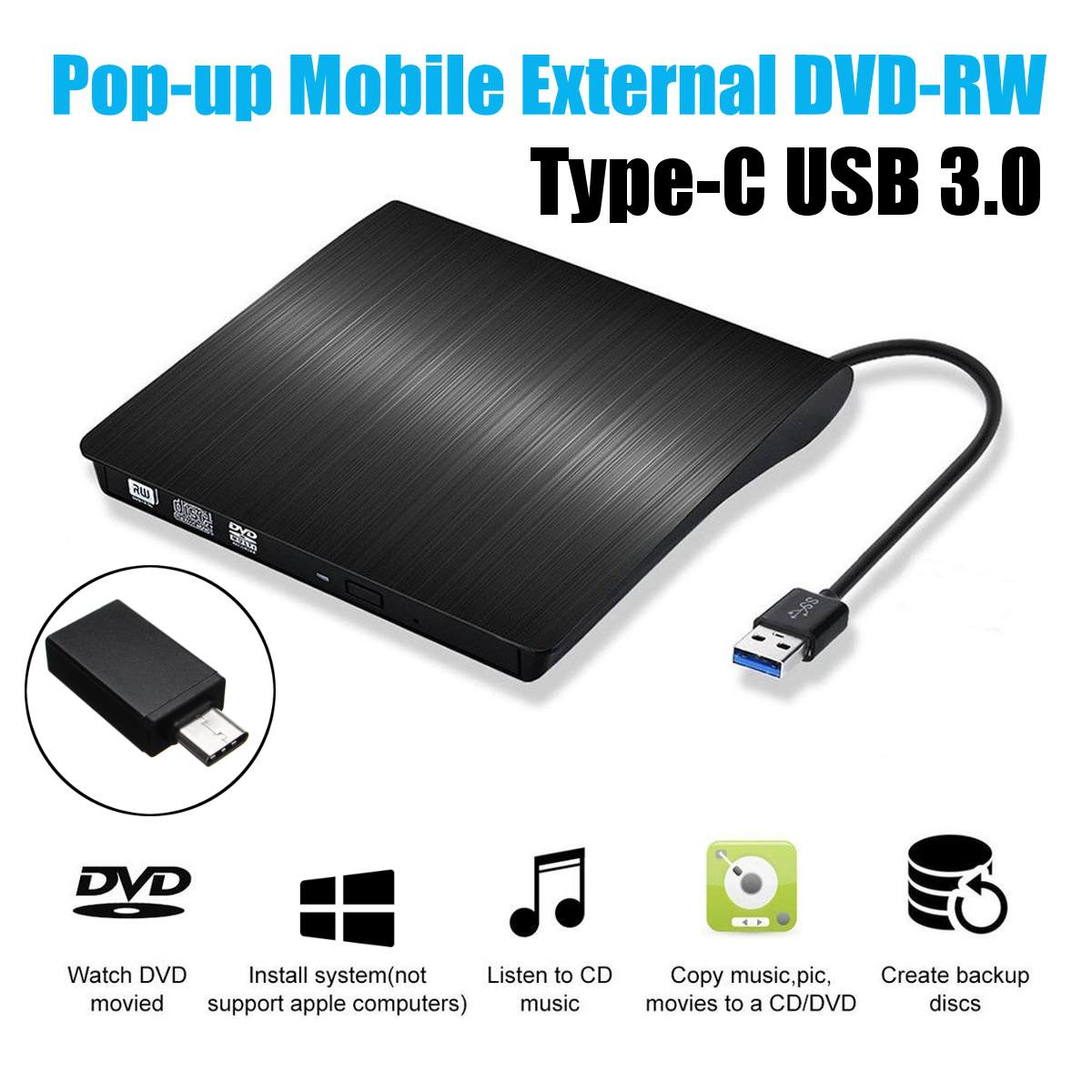 External DVD RW CD Writer Drive USB 3.0 Type-C Optical Drives Slim Combo Drive Burner Reader Player For Laptop PC