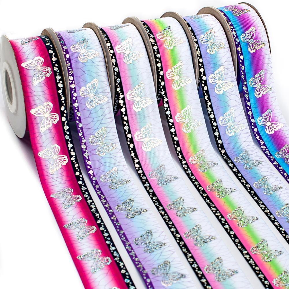 Butterfly Laser Silver Grosgrain Ribbon Kimetsu No Yaiba Printed Background