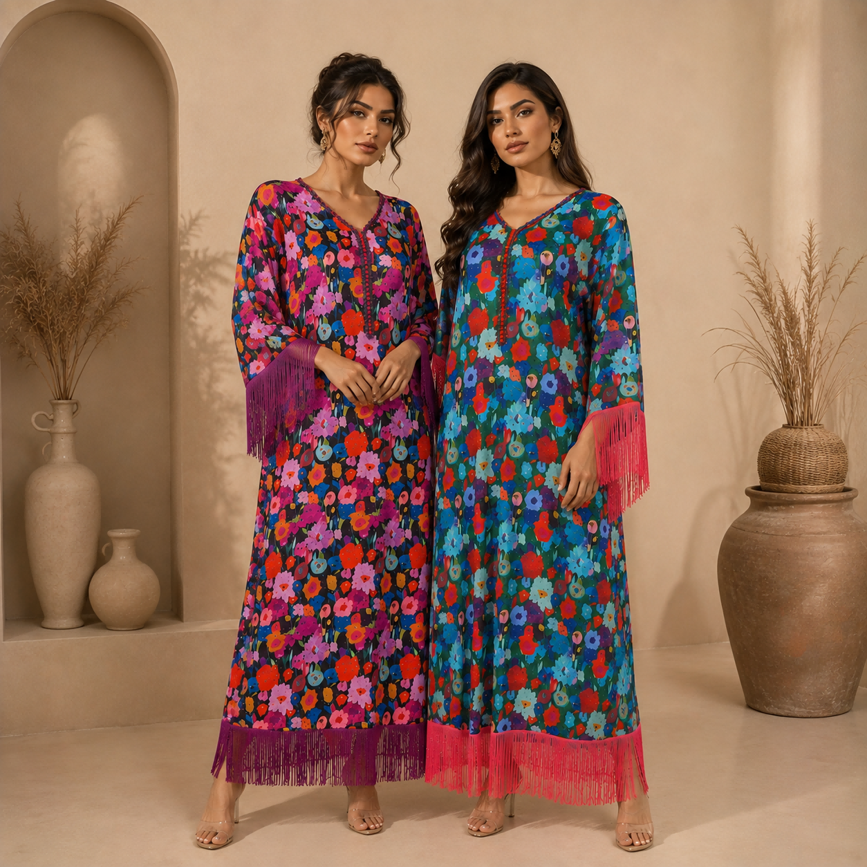 Colorful Floral Print Fringe Casual Modest Maxi Dress