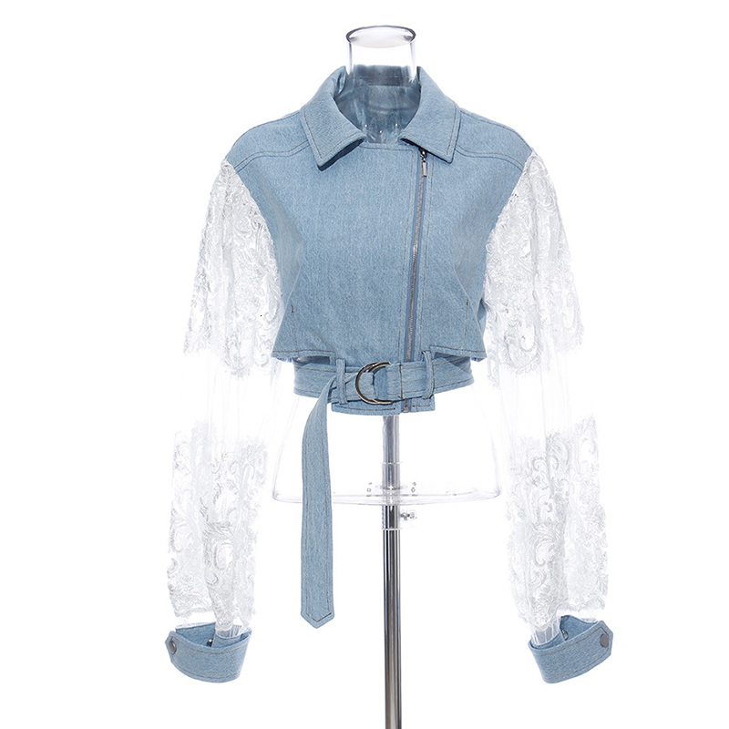 TWOTWINSTYLE Patchwork Lace Denim Jackets For Women Lapel Collar Long Sleeve Sashes Hit Color Lightblue Coats Female 2020 Autumn