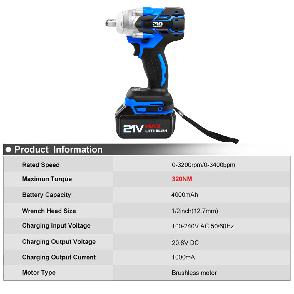 Electric Impact Wrench 21V Brushless Wrench Socket 4000mAh Li-ion Battery Hand Drill Installation Power Tools By PROSTORMER