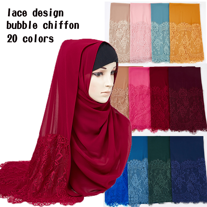 Woman Plain Lace Scarf Buble Chiffon Muslim Scarf Shawl Muslim Solid Color Lady Muffler Luxury Foulard Hijabs